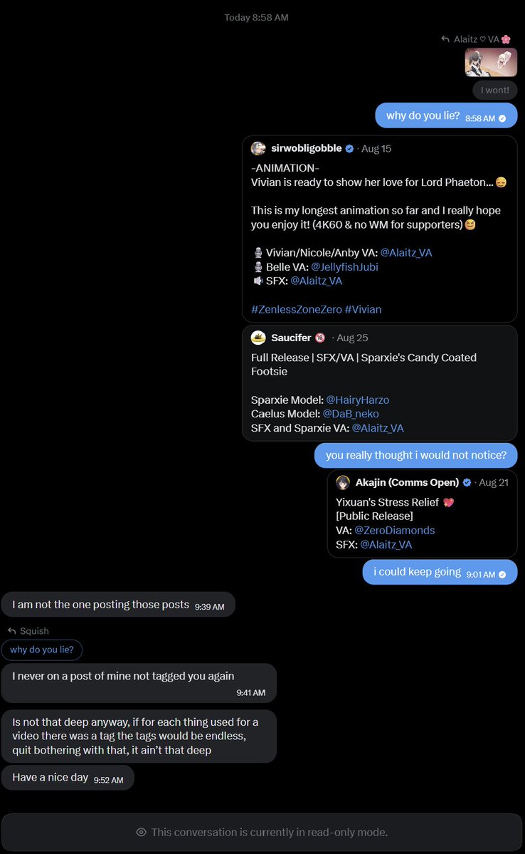 SquishSuccubus's tweet photo. I’ve never done this, but this situation needs to be addressed.

I put a lot of my work into the free @OpenNSFWSP  pack so people could use good Foley without paying. The only thing we asked for was credit.

@/Alaitz_VA has been using those sounds (a lot of them mine) and on other people’s posts she keeps getting credited as the SFX artist. Not the pack, not even as an editor. Her. On purpose. So it looks like she’s the one who made the sounds

We’re not even that hard on this. Animators usually get a pass if they miss a tag when they’re doing the sound themselves. It happens

Audio editors, VAs and sound people in general are held to a different standard. You know how credit works. Don’t want a huge credits block on the post? Fine. Most people put it in the first comment. You don’t even need to tag me or any other Foley artist. The pack alone is enough

She’s not doing that. She’s avoiding the tag so the credit stays on her. She hasn’t been the only one, but she’s been by far the worst

I talked to her privately the first time. She apologized, said it wasn’t on purpose, and said she’d tag it right from then on

What actually changed: she started crediting it on her own promo posts. That was it. She never told the artists who commission her “hey, tag the sound pack.” So their posts kept going out as “SFX: Alaitz.”

When I brought it up again, she dodged it. Said she wasn’t the one posting, that already tags it on her own posts. Said it wasn’t that deep and that if you tagged everything the credits would be endless. 
“Quit bothering me with that”
Then she blocked me.

Crediting your own promo and letting every commissioned post treat pack Foley as your SFX is not crediting. That’s the loophole.

The pack author told her to stop using it if she wasn’t going to credit it properly. She insulted him, said she wouldn’t use the pack anymore, and blocked him too

She kept using it

I’m not posting this to start a hunt. Private messages didn’t fix it, and I’m tired of watching my sounds go out with someone else’s name on them

If you use the pack, credit the pack. If you commission her and she tells you to write “SFX: Alaitz,” she’s lying. She probably hasn’t recorded a single sound effect in her life. Anyone who has would know how hard it is to get right, and why it matters when someone else takes the credit.