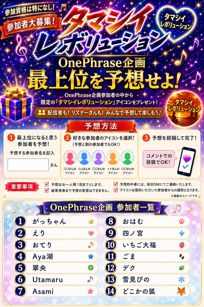 gacchan_music's tweet photo. #拡散希望

OnePhrase企画最上位予想企画

今回参加者なんと１４名と少ないので、当たる可能性が高い？

期限は、9月5日まで

#投稿遅れてごめんなさい　🙏 https://t.co/4PvtOUoWS2