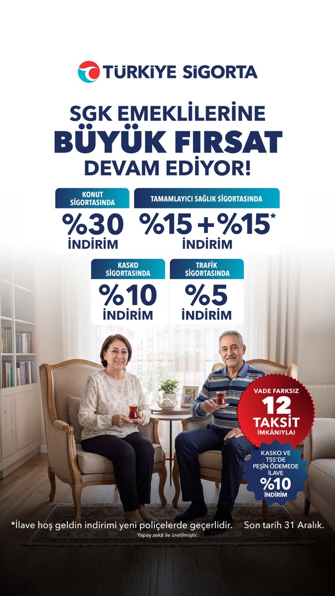 Turkiye_Sigorta's tweet photo. Türkiye Sigorta’dan SGK Emeklilerine Büyük Fırsat! -Konut Sigortası’nda %30, -Kasko Sigortası’nda %10, -Trafik Sigortası’nda %5, -Tamamlayıcı Sağlık Sigortası’nda ise ilk kez sigorta yaptıranlara sunulan %15 hoş geldin indirimine ek %15 emekli indiriminden yararlanabilecek.