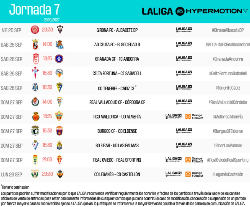 LaLiga2's tweet photo. HORARIOS | Consulta cuándo se jugarán los encuentros de la jornada 7 de #LALIGAHYPERMOTION.

👉 https://t.co/XjDVhMF1zk https://t.co/yc41595d4B