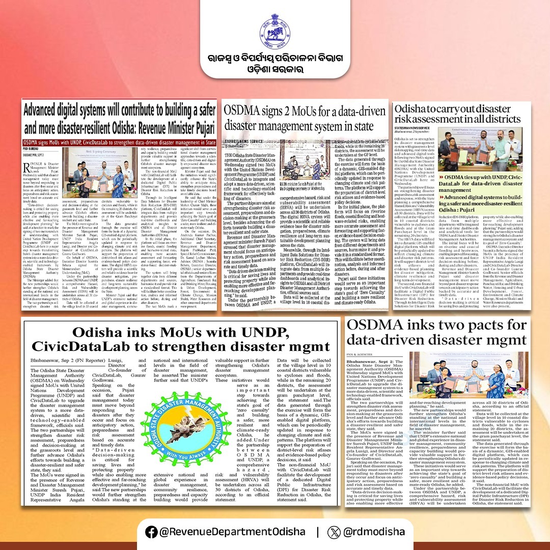 rdmodisha's tweet photo. Tech & Data for a #ZeroCasualty Odisha
@OSDMAOdisha partners with @UNDP & CivicDataLab to launch district-wide risk mapping, grassroots data collection, and GIS platforms—shifting disaster management from reactive response to proactive, tech-driven protection.
#ResilientOdisha #DisasterManagement
