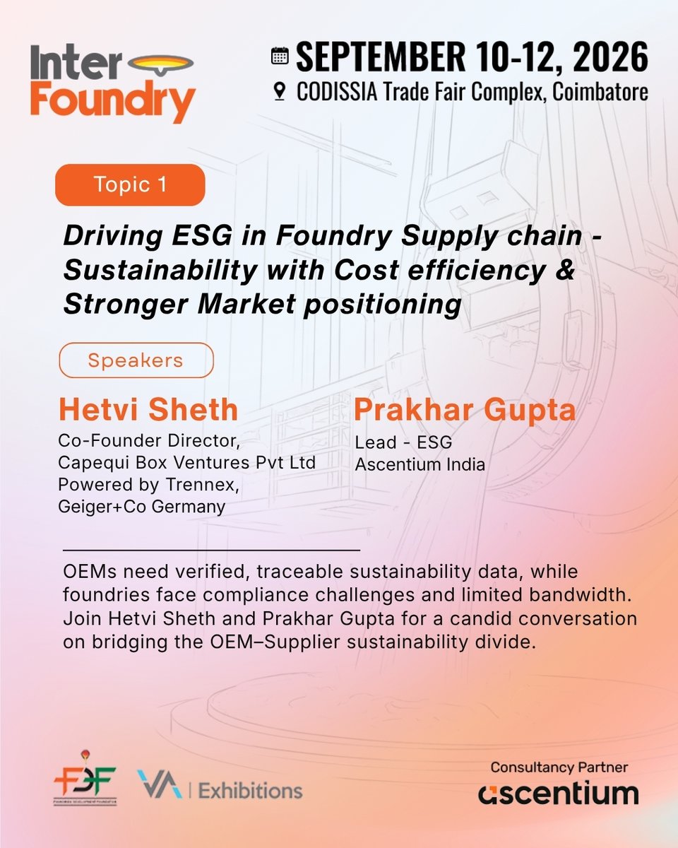 interfoundry's tweet photo. 🎙️ Conference: September 11 | 2:00 - 4:00 PM | Conference Area, Hall D

🔗 Delegate Registration : https://t.co/Jn98EK2yX6

📅 Sept 10–12, 2026
🔗 Visitor Registration: https://t.co/P0PqLMOt8P

📩 mk@vaexhibitions.com
📩 gv@vaexhibitions.com

#InterFoundry2026 #FoundryIndustry https://t.co/royXtZD0zX