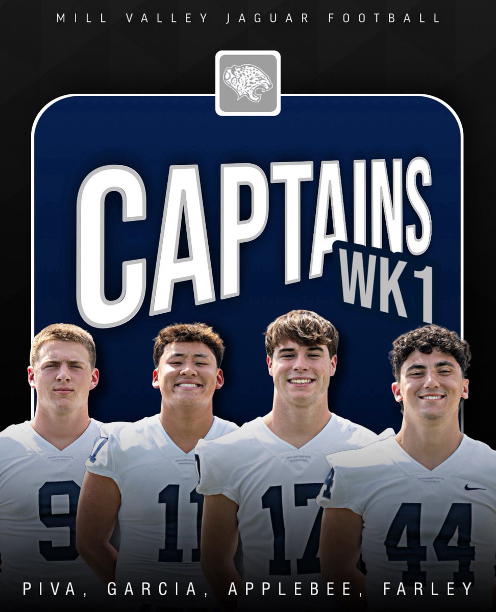 MVJaguar's tweet photo. Week 1 Captains; RB Max Piva, DL Josh Garcia, QB Holden Applebee, LB Ryder Farley 

#1-0 #GTY #NovemberHabits https://t.co/6W0VYGD8cy