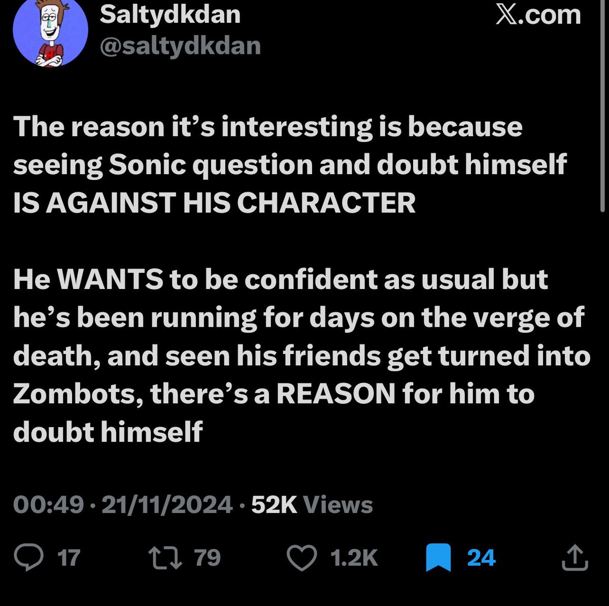 Sasukebix's tweet photo. U have writers basically saying that making a character do something against their established personality mainly for the sake of the plot messes up the character image yet Sonic fans defend and will not see an issue with the execution here. This is LITERALLY the point 😭 https://t.co/0Cn0R03ap4