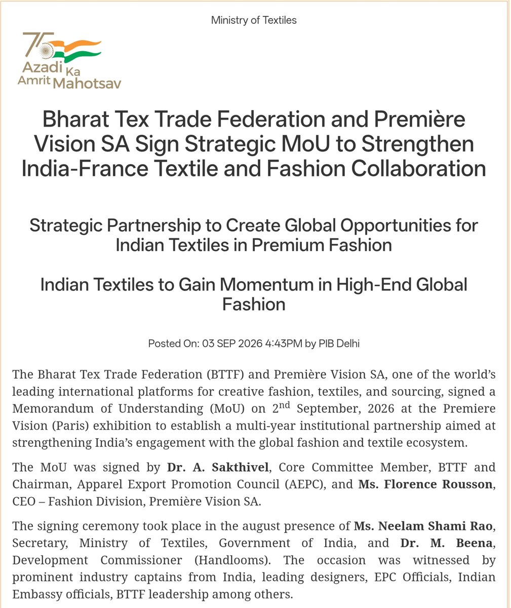 PIBTextiles's tweet photo. Bharat Tex Trade Federation and Premiere Vision SA Sign Strategic MoU to Strengthen India-France Textile and Fashion Collaboration

Read More: 🔗 https://t.co/xzvubog41q

@girirajsinghbjp @TexMinIndia @PIB_India https://t.co/2QSNjnZHOl