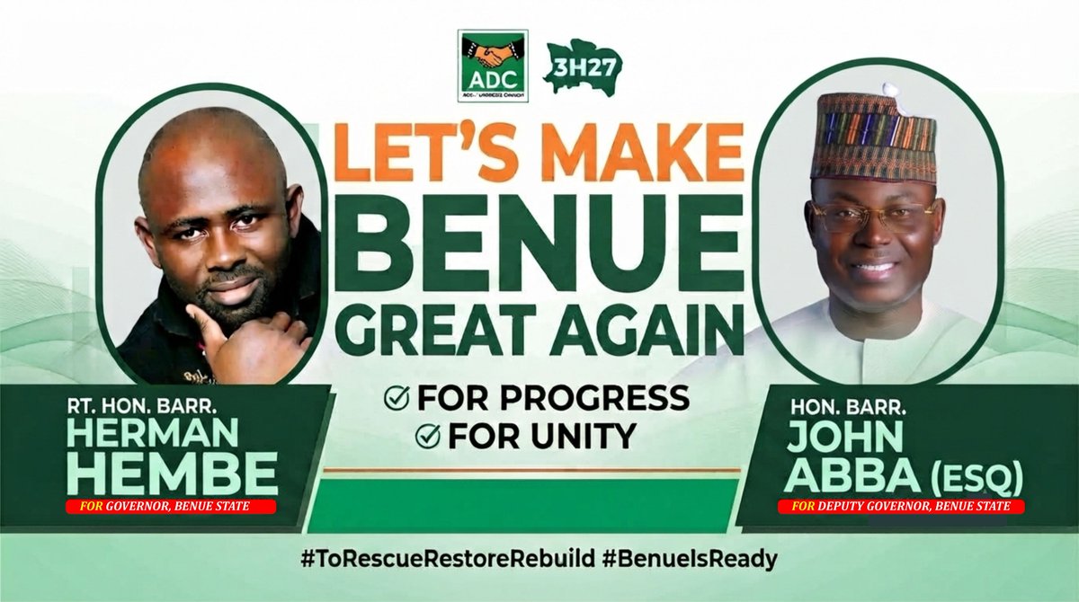 barrhembe's tweet photo. We are the African Democratic Congress (ADC)—a movement for progress that puts our people first.

Join the Atiku/Hembe/Abba movement in 2027. Together, let’s Rescue, Restore &amp; Rebuild Nigeria and Benue State. 🇳🇬

ADC is the movement for a better tomorrow.
#Atiku #ADC #Hembe #Abba https://t.co/Y0guen8jft