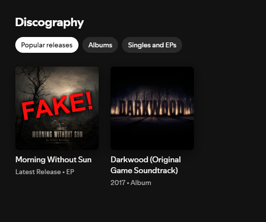 TheAcidWizard's tweet photo. Darkwood's soundtrack by @ArturKordas on Spotify has been hijacked by AI slop! A new EP has appeared on the account, but it has nothing to do with us. How did we learn this? From a Reddit post. This is crazy! https://t.co/YMjj4KJIp1