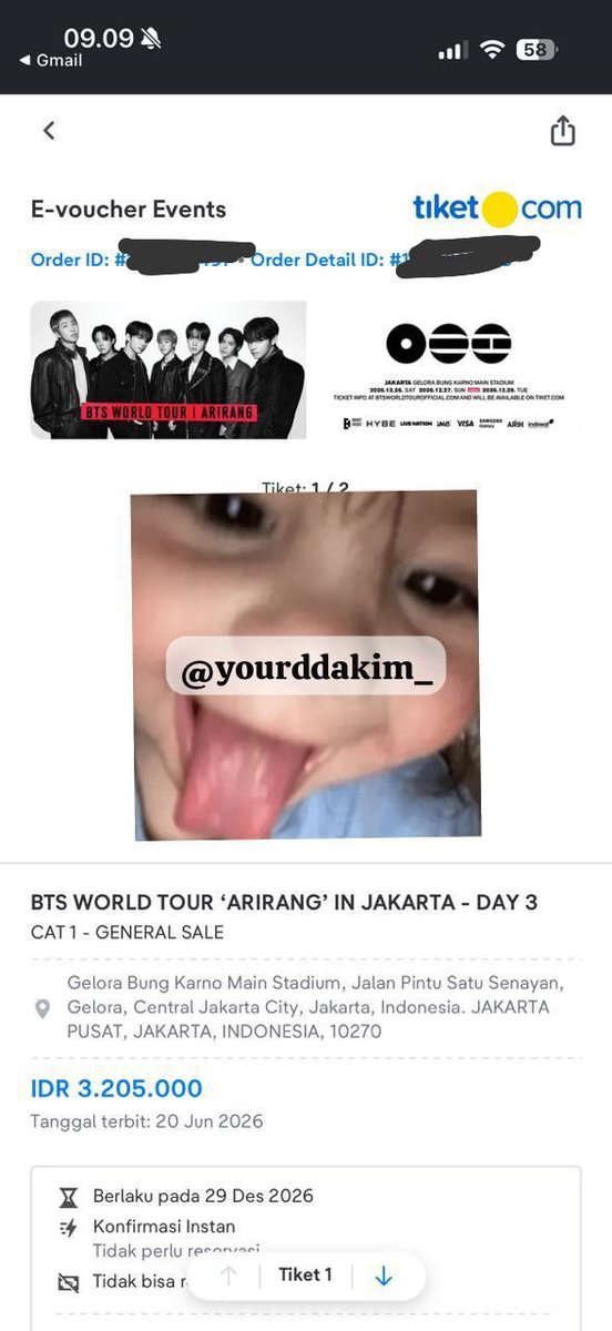 yourddakim_'s tweet photo. Wts arirang day 3 cat 1 general, guyss aku mau wts tiket bts, karna aku udah dapet yg sampingan sama temenku, boleh nego tipissss, nanti bisa langsung masuk ke grup tiketnya langsung

Wts bts day 3
Wts bts arirang https://t.co/o16z7Avh9J