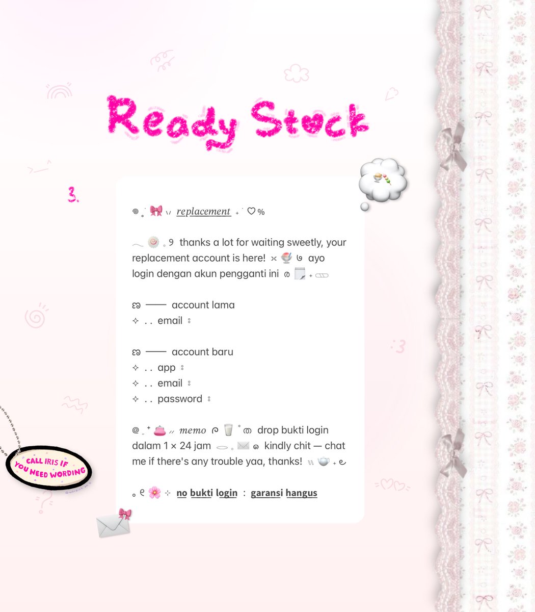 wordinh's tweet photo. ⠀
help repost juseyo  ..  🩷💬

♡%  newly added to ready stock collection  ..  < REPLACEMENT ACC TEMPLATE WORDING >  🌸🥛  only 6.500 / each iaa  🛝🍅  bisa req ganti emoji, tman—tmun bea!  🎀  scroll for more &amp;&amp;. chit—chat to adopt yaa!  🌟☘️

#bealanja rs ready stock https://t.co/jyojnuyREY