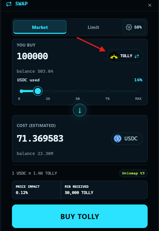 TollyLabs's tweet photo. Small swap improvement now live on TOLLY Labs.  

You can enter Market and Limit amounts in either $USDC or the token itself. 

Buy and Sell keep their familiar defaults just tap the asset in the amount field whenever you want to switch.  

$TOLLY
https://t.co/WR6EAmQ01y https://t.co/d3D4PQIKKj