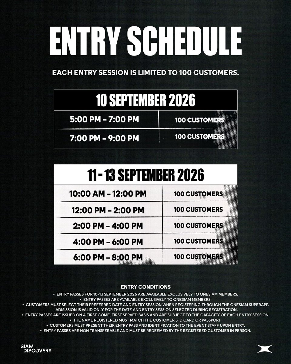 ssupersun's tweet photo. ENTRY GUIDE
ENTRY SCHEDULE
FAQ

INSOLUTION EXHIBITION
1st FLOOR, SIAM DISCOVERY
10 - 27 SEPTEMBER 2026

#SUPERSUN
#SUPERSUNxSIAMDISCOVERY
#SUPERSUNINSOLUTIONEXHIBITION
#SUPERSUNEXHIBITION https://t.co/5wL3kALQb3