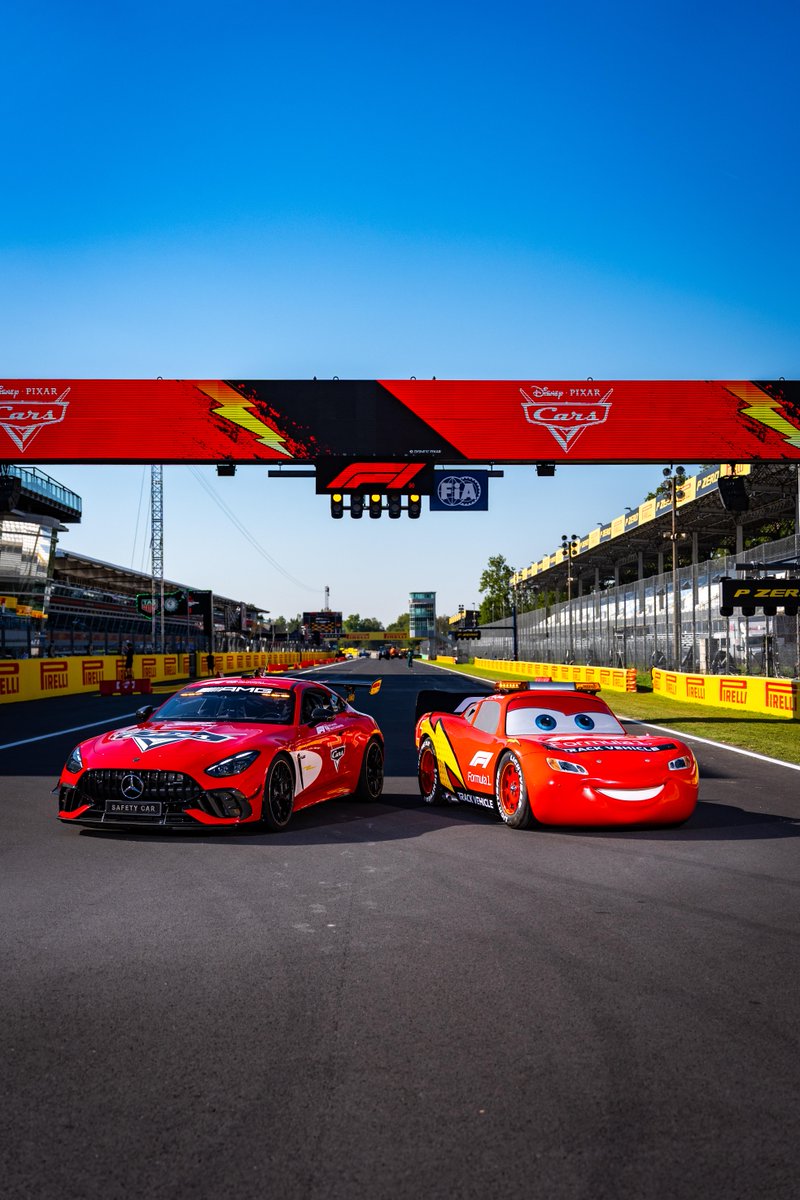 DisneyParks's tweet photo. KA-CIAO ⚡  Lightning McQueen is making a special appearance this race weekend to celebrate the Cars 20th anniversary. Plus, Disney and Formula 1 are celebrating with a special Mercedes-AMG Safety Car livery 🏎️ #FuelTheMagic https://t.co/dFutJwYB4A
