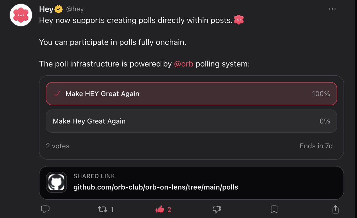 heydotxyz's tweet photo. Hey now supports creating polls directly within posts.

You can participate in polls fully onchain.

The poll infrastructure is powered by @orb_club polling system.
👉 https://t.co/orWtltNm2F