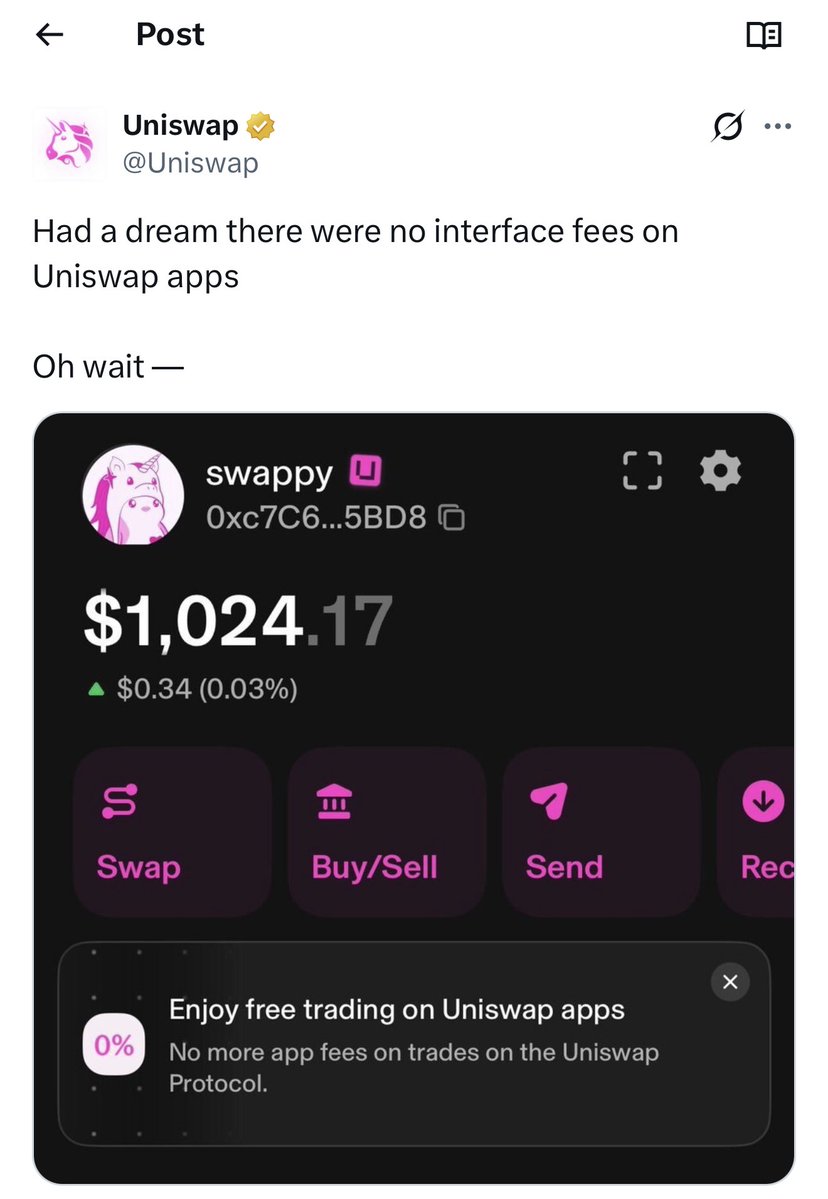 fRamadan6's tweet photo. The Robinhood Chain meme story is getting more interesting.

ethereum:0x07f5b6823751c2e2cd4560f28af75ff887102241 isn’t just another meme. It became one of the main launchpad narratives on the chain, with its launches ultimately flowing into Uniswap liquidity.

Then $FRONG appeared with a completely different kind of lore — a frog tied to the Uniswap launchpad story that the community quickly turned into a mascot narrative.

And now there’s $SWAPPY.

A pink unicorn already associated with Uniswap, with the PFP, wallet name and repeated references making people look twice.

That’s why I keep watching $UNI.

If Uniswap decides to make Swappy an official mascot, the entire Robinhood meme landscape suddenly makes a lot more sense.

Maybe the breadcrumbs are already there.