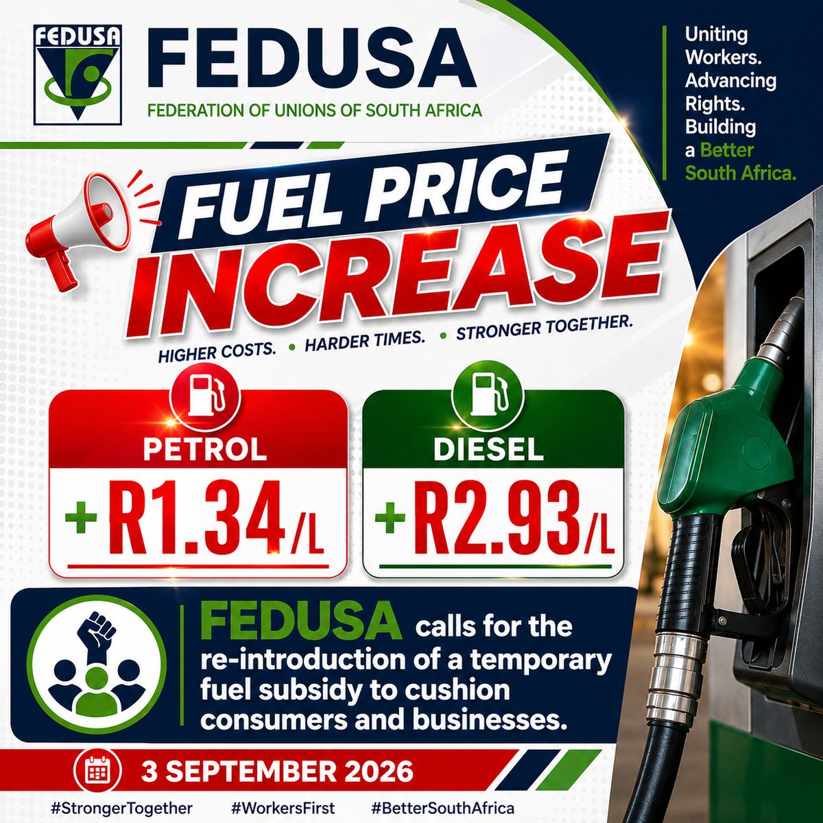 FEDUSAMedia's tweet photo. Fuel prices are up. Workers are under pressure. FEDUSA calls for a temporary fuel subsidy to cushion workers, consumers and businesses.
#FEDUSA #WorkersFirst https://t.co/8XqJXAWyez