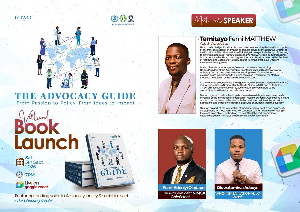 NiMSA_WHO_SW's tweet photo. A Bold voice for youth, healthcare and global health advocacy is joining us to spark conversations that can move communities and shape policy🌍🩺

Meet Dr. @TayoMatthew_, a youth advocate and medical doctor committed to championing the health &amp; rights of children, adolescents. https://t.co/MLROx3FQqz