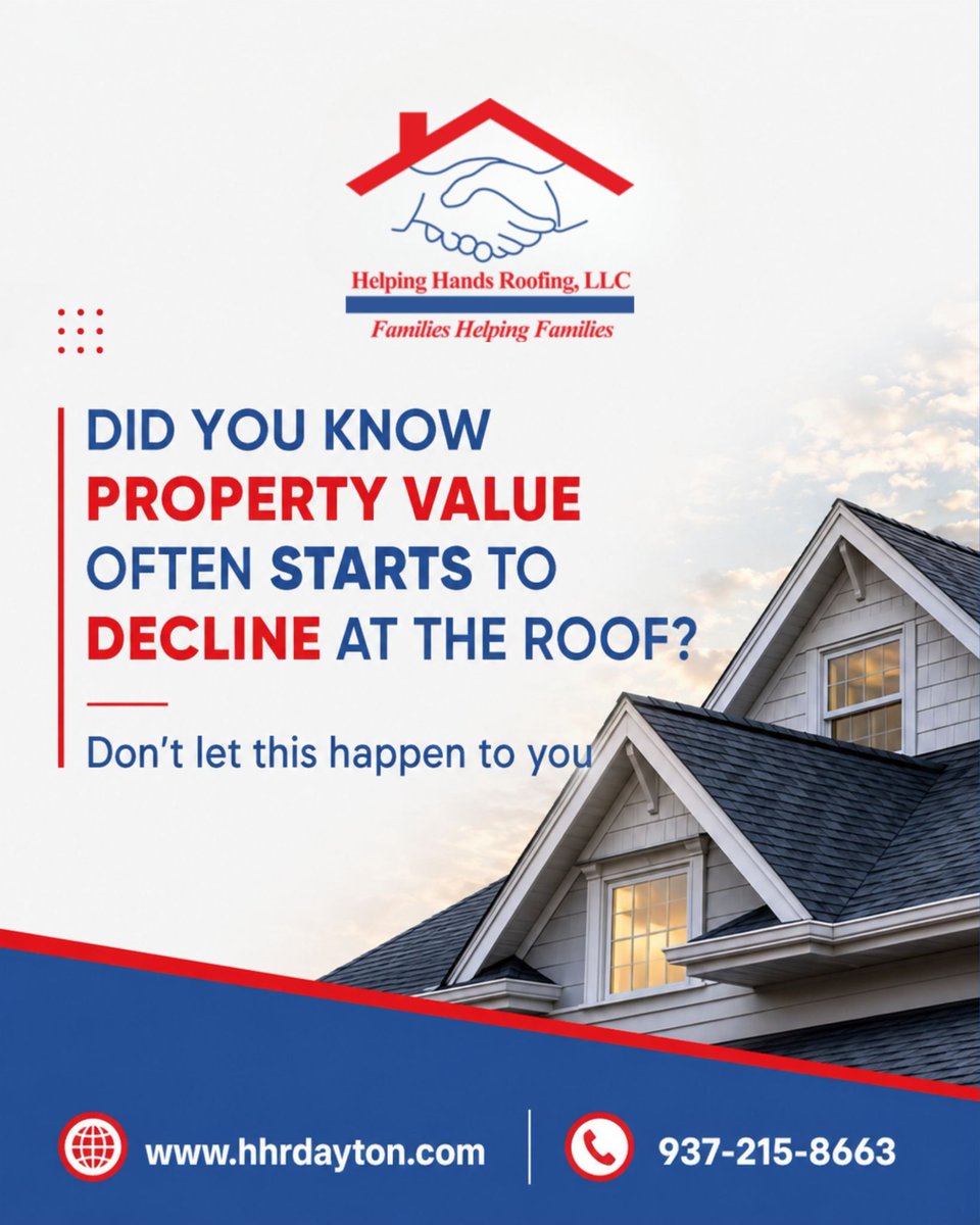 HHRDayton's tweet photo. 🏠 Did You Know Property Value Often Starts to Decline at the Roof?
A worn or poorly maintained roof can lower the value of your home or building faster than you think.
Don’t let preventable roof issues reduce your property’s worth.
.
#HelpingHandsRoofing #roofinghelp https://t.co/gIq5k8WdJu