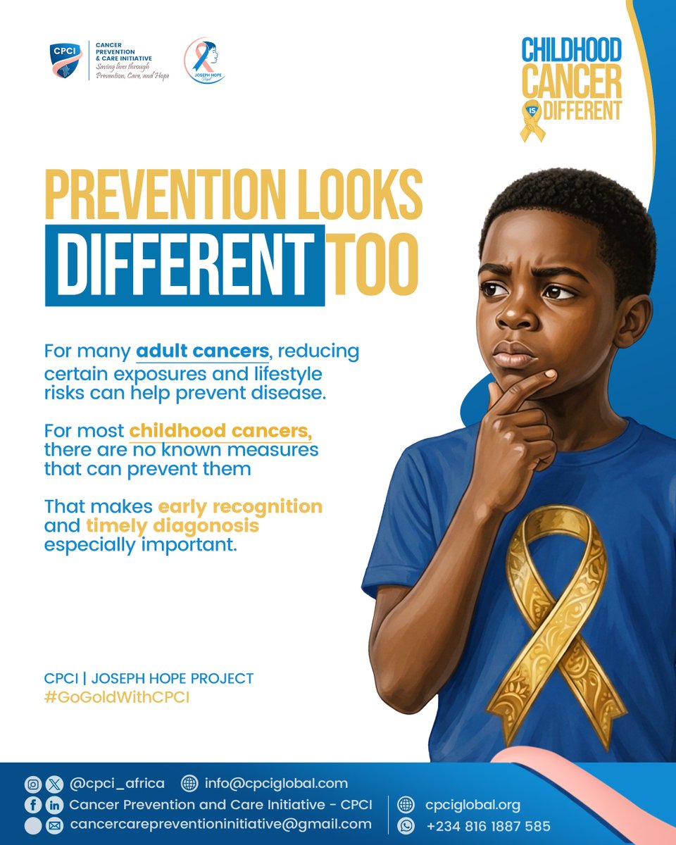 cpci_africa's tweet photo. Childhood cancer is different. π
For most childhood cancers, prevention & routine population screening are not currently the answer.
That makes early recognition, appropriate evaluation & timely referral especially important.
Swipe through to understand why.
#GoGoldWithCPCI https://t.co/gAzWtWZ0ST