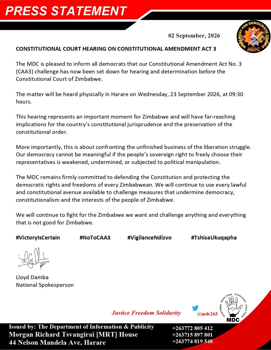 shumbakadzi_zim's tweet photo. It is high-time we start charging people money for wasting time yema Courts.

Imagine waking up in 2026 and genuinely believing you can undo settled law with an amateur court filing 😂😂😂.

Mwonzora is, of course, entirely free to approach the Constitutional Court. That is the beauty of our constitutional democracy. But courts should not be romanticised as a substitute political battlefield for arguments already decisively lost among citizens and in Parliament.

CA3 is the law of the land.

It is a done deal time to move on.

#AsakhiZim