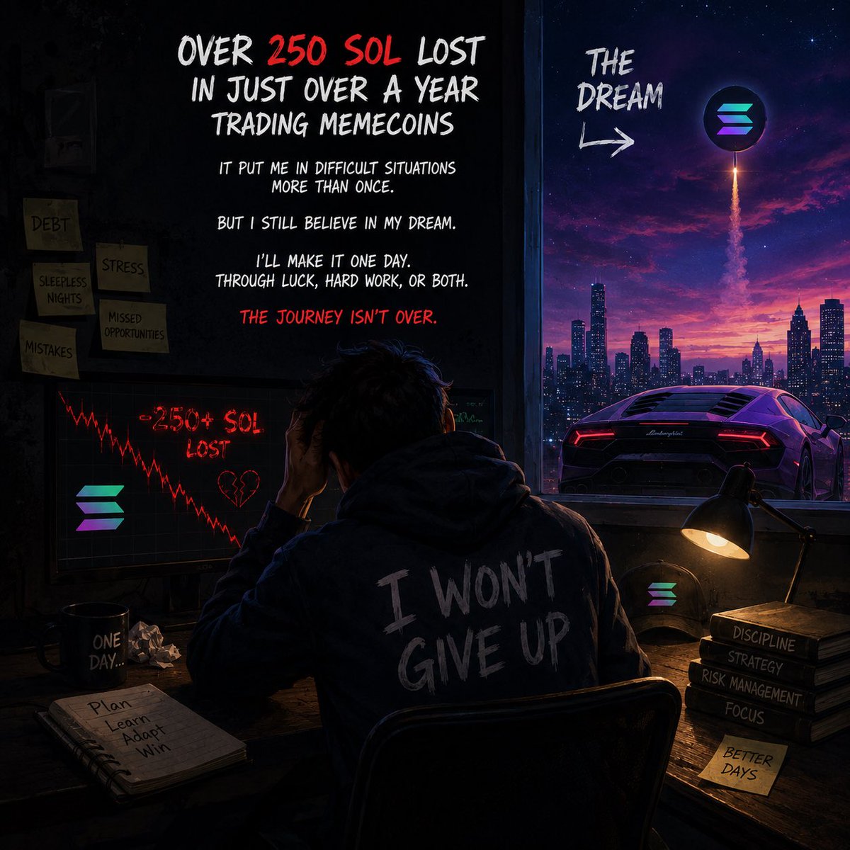 CryptoJDegens's tweet photo. 250+ SOL lost in just over a year trading memecoins.

It put me in some really difficult situations.

But I’m still here. Still learning. Still chasing the dream.

Do you believe I can make it?

How much have you lost or made in the last year? 👀 #MEMECOIN #solana https://t.co/ZeuK1QSQAt