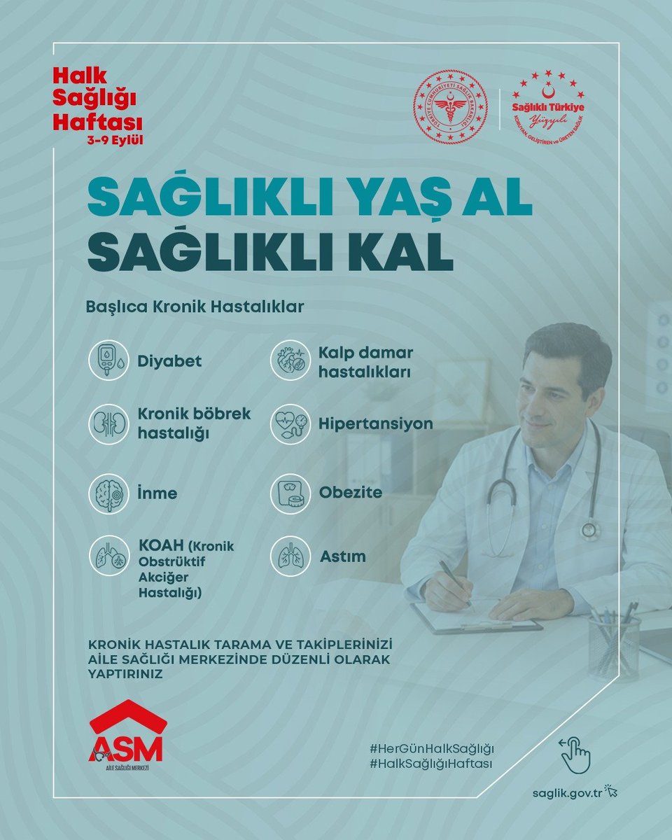 vanilsaglik's tweet photo. Sağlıklı Yaş Al, Sağlıklı Kal! 💙

Kronik hastalık tarama ve takiplerinizi Aile Sağlığı Merkezlerinde düzenli olarak yaptırın.

#HerGünHalkSağlığı
#HalkSağlığıHaftası

@saglikbakanligi
@halksagligigm https://t.co/uJ3h6xohGP