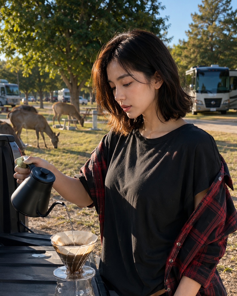 RaleighHaezk's tweet photo. I meant to write down my feelings, but fell asleep. This morning, a mama deer and her fawn grazed outside my tent. I watched quietly, then made coffee. The first sip felt calmer than yesterday. Day 03 https://t.co/0gCdBcAS8j