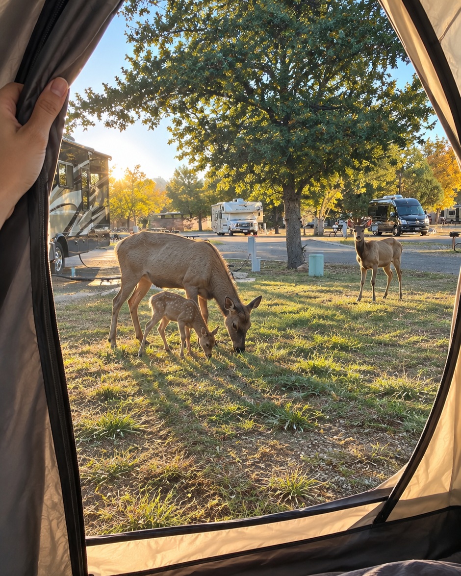 RaleighHaezk's tweet photo. I meant to write down my feelings, but fell asleep. This morning, a mama deer and her fawn grazed outside my tent. I watched quietly, then made coffee. The first sip felt calmer than yesterday. Day 03 https://t.co/0gCdBcAS8j