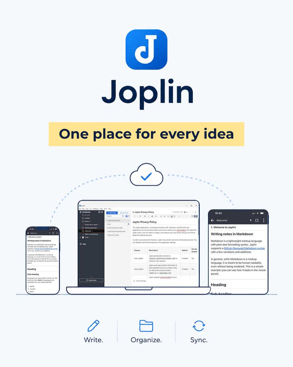 joplinapp's tweet photo. Your ideas deserve a place to stay 💡
Write, organize, and sync your notes with Joplin - wherever inspiration finds you.

#Joplin #NoteTaking #Productivity #OpenSource https://t.co/0iPEvWlgzO