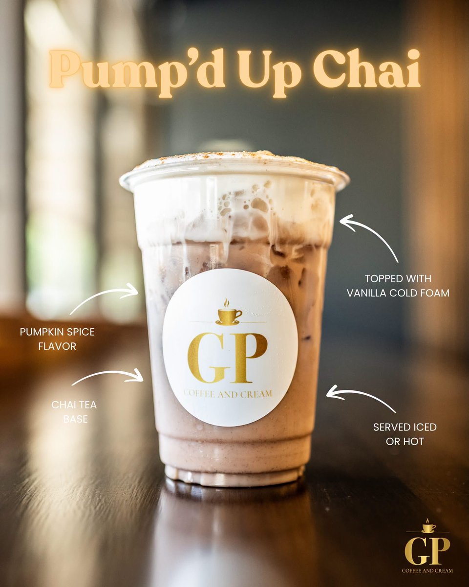 gourmetpour's tweet photo. We want to PUMP YOU UP...with chai of course.

Our Pump'd Up Chai is a September drink special and if those warm spices are your jam, this is for you!

Chai tea, pumpkin spice, all topped with our fresh vanilla cold foam. It's fall for your tastebuds! https://t.co/XJTzAgKPuQ