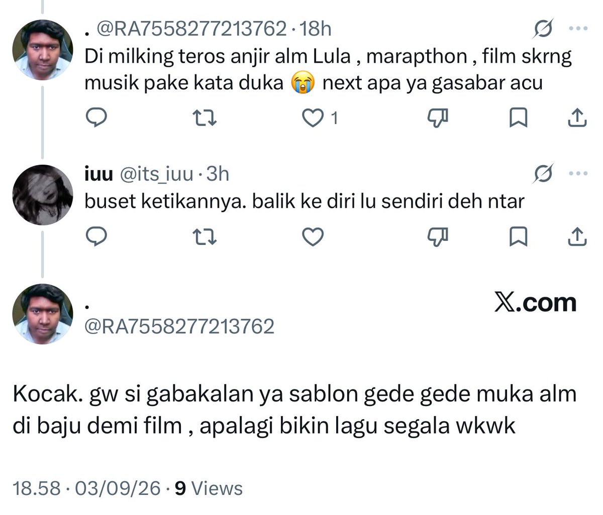 yourbae's tweet photo. marapthon? kapan? gue melewati masa-masa itu dengan chaos yang teman-teman gue hadapi dan bantu. sablon, karena beliau memang main character di film dan kepergian beliau itu terjadi sebelum film tayang. lagu, punten yang bikin lagunya bukan gue tapi For Revenge, gue hanya berkolaborasi. duka? memang gue–kami berduka. kenapa kata "Museum"nya ndak dibahas? milking? gue mau post sedih sama kangen aja takut. iya. takut. takut sama orang seperti ini. gue bener-bener berdoa semoga rasa ini tidak terjadi di kehidupan lo.