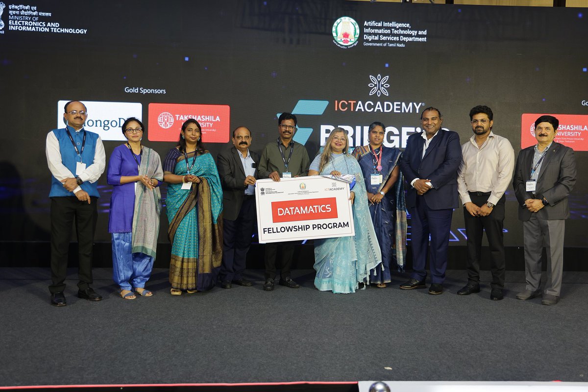 ictacademyindia's tweet photo. ICT Academy is proud to present the launch of the Datamatics Fellowship Program at the 72nd edition of ICT Academy BRIDGE ’26. 

The initiative reflects a shared commitment to empowering students with future-ready skills, industry exposure, and meaningful learning opportunities, while strengthening the bridge between academia and industry. 

The launch was witnessed by Gp Capt R. Vijayakumar (Retd.) VSM, Executive Director, Madras Management Association; Dr. Rima Ghose Chowdhury, President & CHRO and CSR Leader, Datamatics; and M. Dhanasekaran, Chancellor, Takshashila University, and Chairman & Managing Director, Sri Manakula Vinayagar Educational Trust, along with other distinguished guests and delegates.

Date: 03 September 2026 
Venue: Anandha Inn Convention Centre and Suites, Puducherry 

#ICTAcademy #ICTBridge72 #ICTAcademyBridge #ICTAcademyBridge2026 #BridgePuducherry #IndustryInstituteInteraction #IndustryAcademia #HigherEducation #FutureSkills #PuducherryEvents #FutureReady @Datamatics