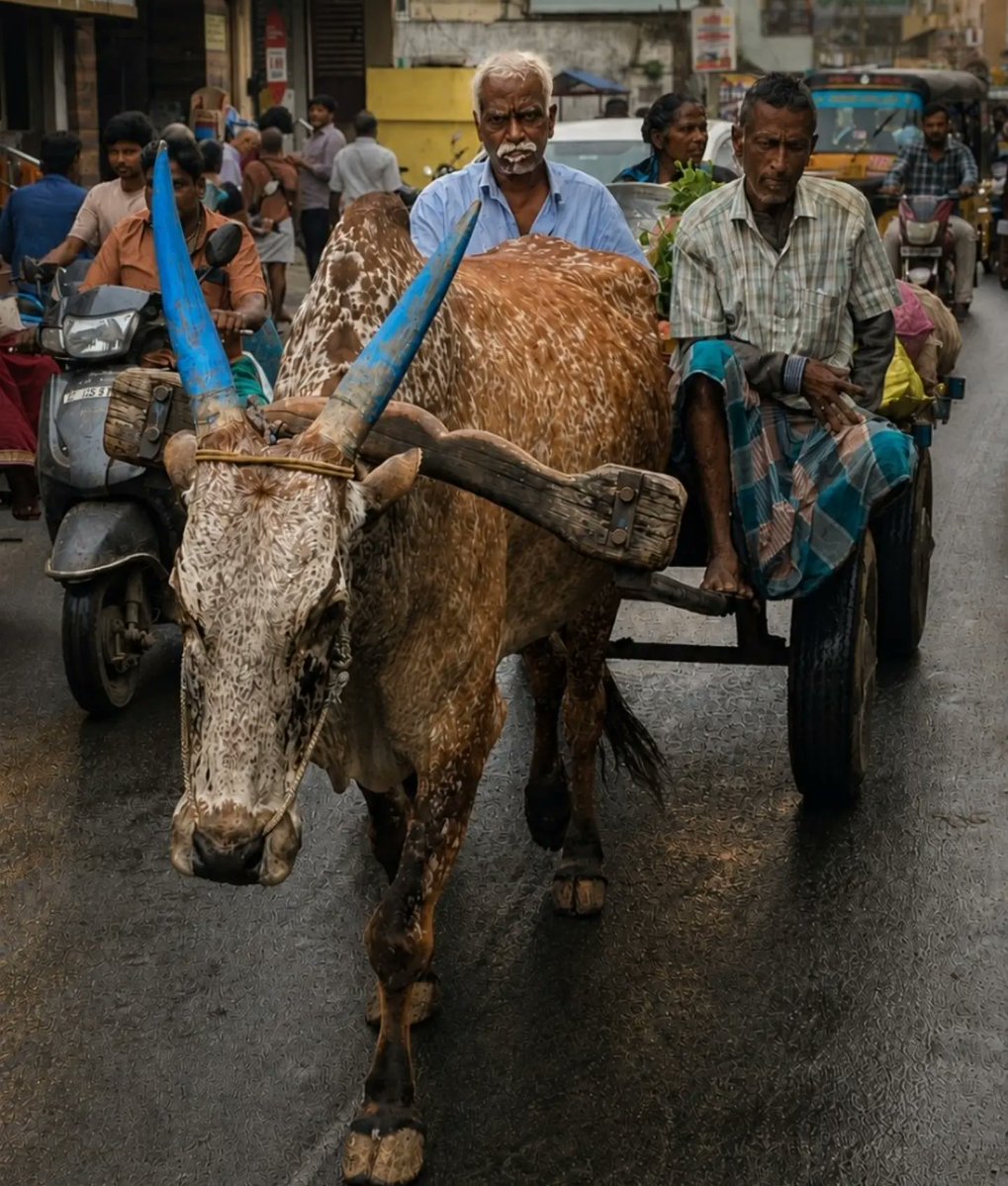 HermanMillwee's tweet photo. On a rain-darkened street in Tiruvannamalai, an ox cart moves steadily through motorcycles, rickshaws, and city traffic. Old and modern India share the same road, each at its own pace. https://t.co/210j9HnVwZ