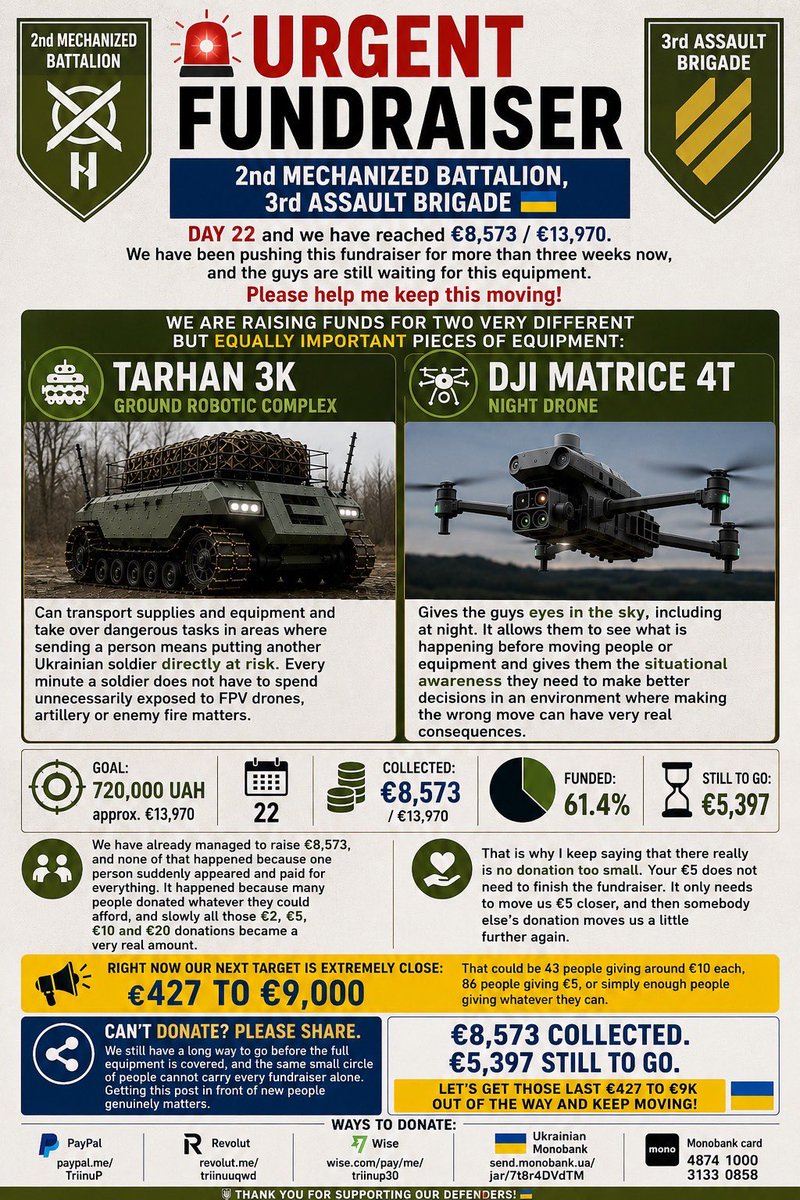 trinzu's tweet photo. 🚨 ONLY €427 TO €9,000!

We are already at €8,573. Surely we can push this over the next thousand today? 🇺🇦

🤖 TARHAN + 🚁 Matrice

PayPal: https://t.co/f0S2Gc6gbg
Revolut: https://t.co/jhst620ZPw
Wise: https://t.co/G8U4mLVPTj
Jar: https://t.co/QgVoXNx18Z https://t.co/OEOprBJJrI