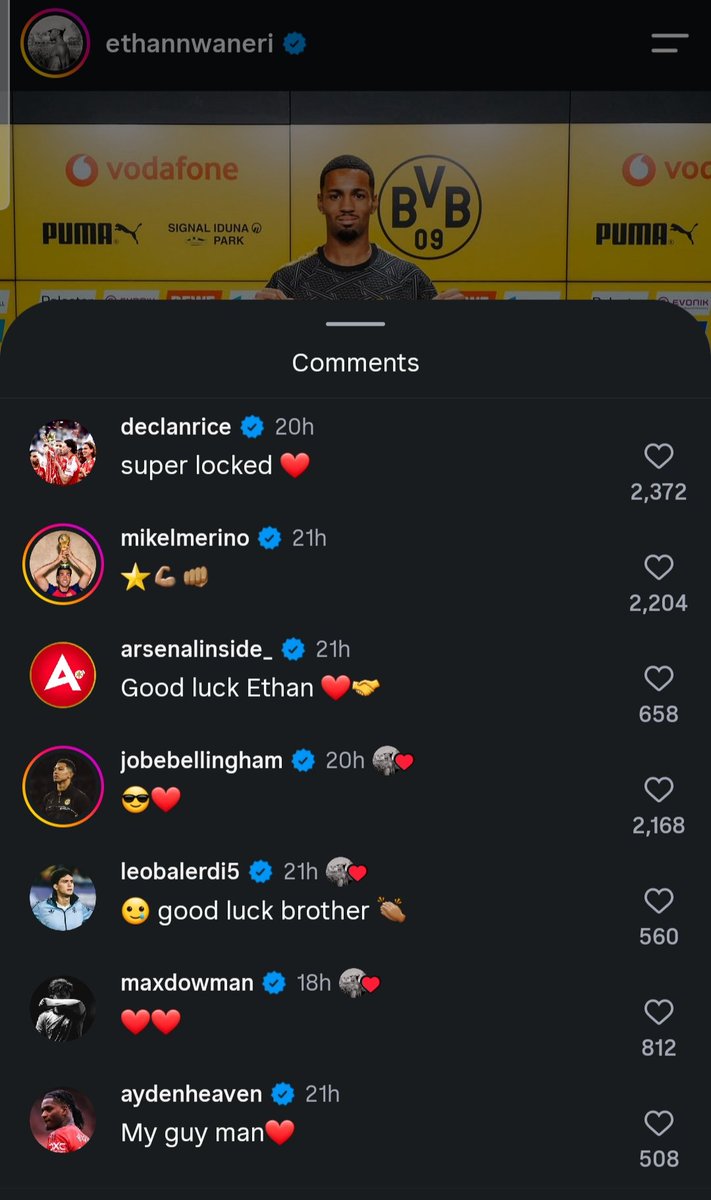 ArtetaEra's tweet photo. 🚨📲 All love under Ethan Nwaneri's comments after a move to @BVB on loan. https://t.co/gjsnAI7sLl
