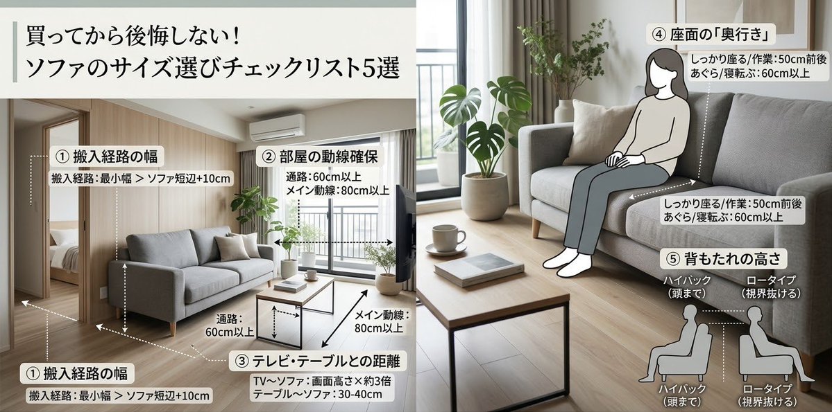 toshingurashi's tweet photo. 【買ってから後悔しない！ソファのサイズ選びチェックリスト5選】

「お店ではピッタリに見えたのに、置いたら部屋が狭い…」
「デザインは最高なのに、いざ座るとくつろげない…」

ソファ選びで一番多い失敗は「サイズ感」です。
購入前に必ず確認したい5つのチェックリストをまとめました！

① 搬入経路の幅（玄関・廊下・エレベーター）
・搬入経路の最小幅 ＞ ソファの一番短い辺＋10cm
※エレベーターや階段の曲がり角は特に詰まりやすいので要注意！

② 部屋の動線確保
・人が通る場所：60cm以上
・メインの動線：80cm以上
※ここを削ると毎日の移動がプチストレスになります…

③ テレビ・テーブルとの距離
・TV〜ソファ：TV画面高さの約3倍
・テーブル〜ソファ：30cm〜40cm（手が届き足も伸ばせる距離）

④ 座面の「奥行き」と過ごし方
・しっかり座る／作業：50cm前後
・あぐら／寝転ぶ：60cm以上
※浅すぎると寛げず、深すぎると足が浮いて腰痛の原因にも。

⑤ 背もたれの高さと圧迫感
・ハイバック：頭まで預けられて快適だけど圧迫感あり
・ロータイプ：視界が抜けて部屋が広く見える！

お店で測る時は幅・奥行き・高さだけじゃなく、生活動線や搬入経路までセットで測るのが成功のコツです。