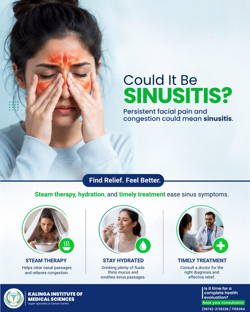 KIMSBBSR's tweet photo. Persistent nasal congestion, facial pain, headache, or pressure may be signs of sinusitis. Early attention and proper treatment can help prevent symptoms from worsening.

Stay hydrated, avoid known allergens and irritants, maintain good nasal hygiene, and seek medical advice if symptoms persist or recur.

📞 For medical consultation: 0674-2725228 / 7105354.
#SinusitisAwareness #SinusHealth #ENTHealth #RespiratoryHealth