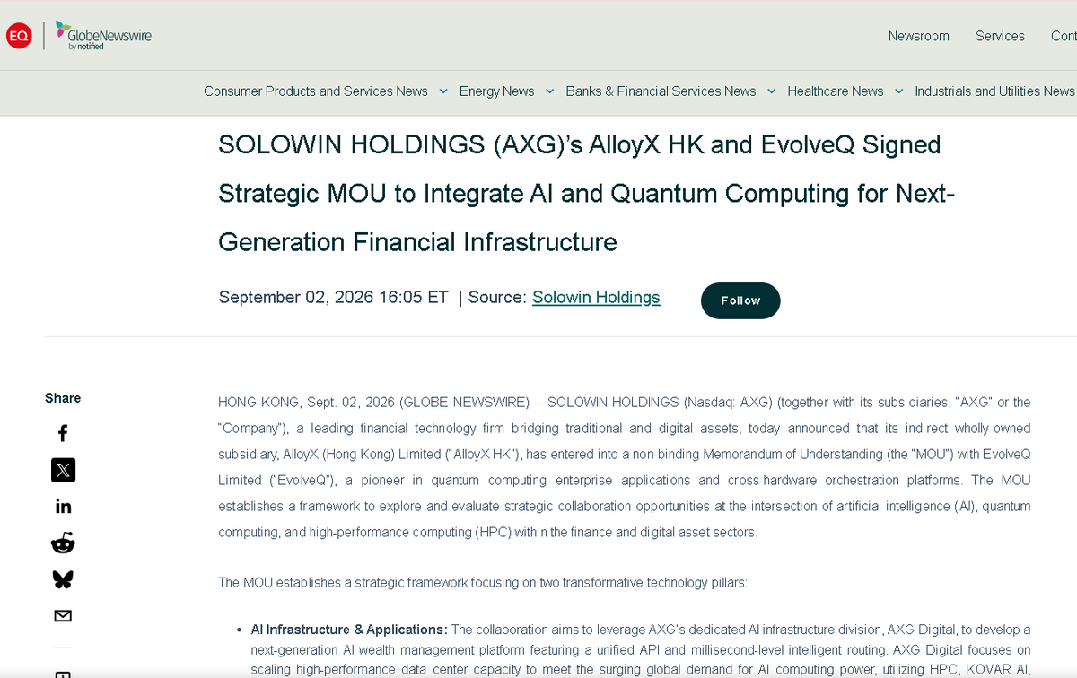 jweeble's tweet photo. $AXG JUST PUT QUANTUM-POWERED WEALTH MANAGEMENT ON THE ROADMAP.

The EvolveQ MOU explores combining quantum models, AI and HPC to solve increasingly complex financial problems.

With $1.04B in stablecoin + fiat trading volume already reported, AXG has a real financial ecosystem where this technology could eventually matter.

#OlandriaxCharlotteTilbury
$QCOM $SOFI