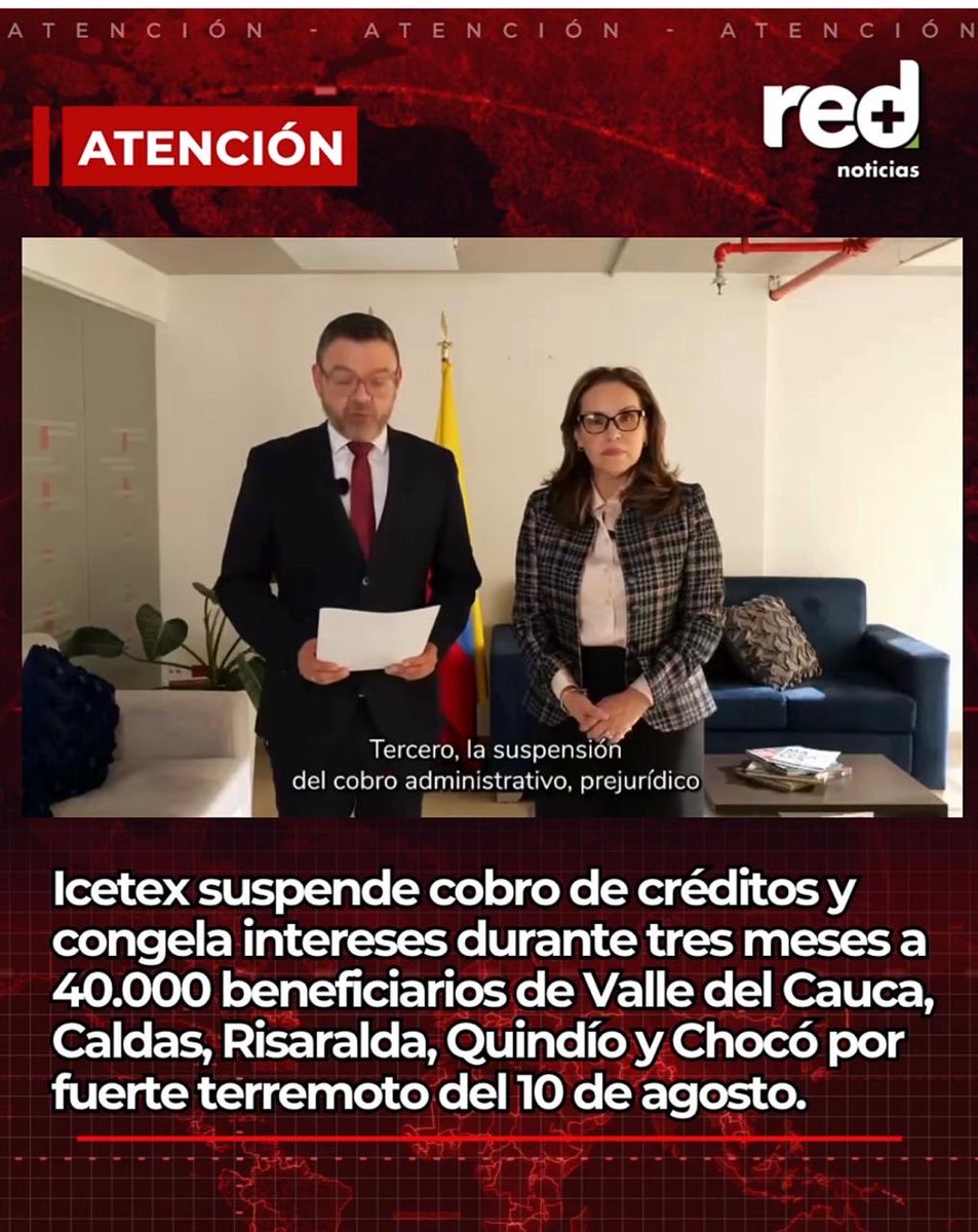 ghitis's tweet photo. Petro prometió condonar el ICETEX.
Lo que hizo: quitar el subsidio a la tasa, encarecer las cuotas y casi cerrar los créditos nuevos. Cientos de miles de estudiantes pagaron esa “humanización”.
Hoy, ante un terremoto real, ICETEX suspende cobros y congela intereses 3 meses a 40 mil jóvenes del Valle, Caldas, Risaralda, Quindío y Chocó. Sin discurso eterno. Sin esperar al final del Plan de Desarrollo.
La diferencia no es ideológica. Es si el Estado responde o solo recita.