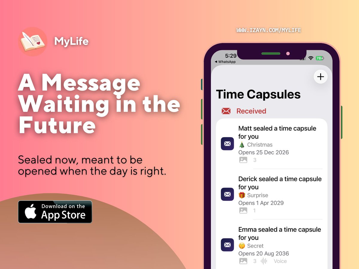 drik813's tweet photo. MyLife Timeline Journal includes two powerful ways to send messages into the future — the Digital Time Capsuleand the Write a Letter to Yourself features.
TIME CAPSULE: Seal a message. Unlock it together. https://t.co/tB3NT4ODZ2