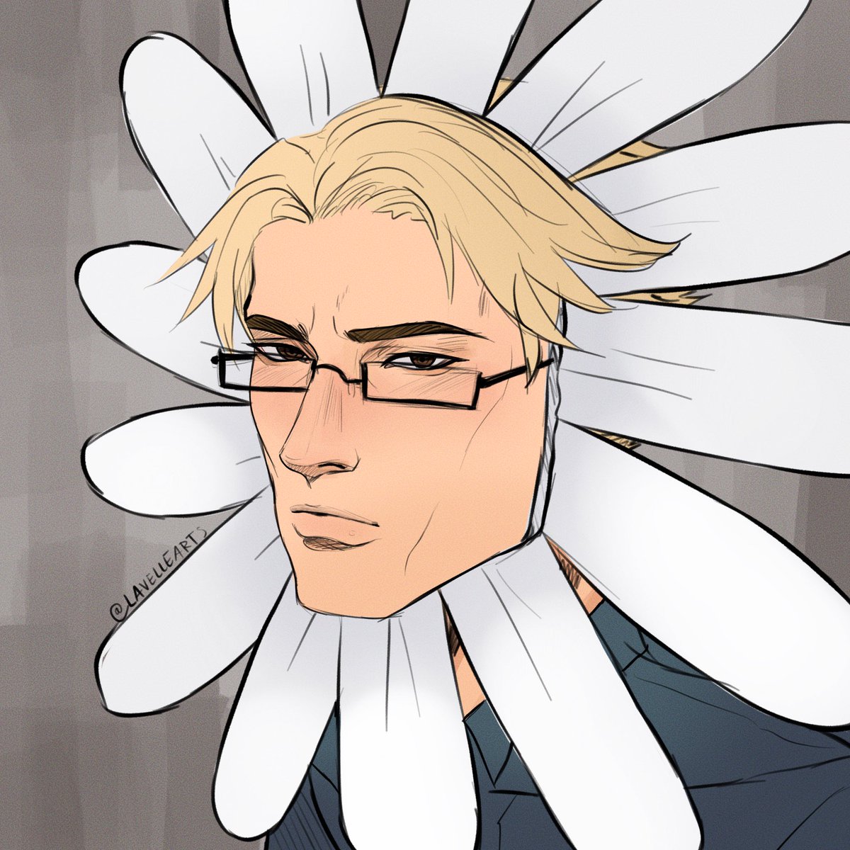 Lavellearts's tweet photo. Petal Nanami for the funsies lol 
Someone commented with a sticker showing Nanamis face on a daisy lol 
Well~ now it’s a cone of shame 

#nanami #jjk #jujutsukaisen https://t.co/LLLl2nBycK