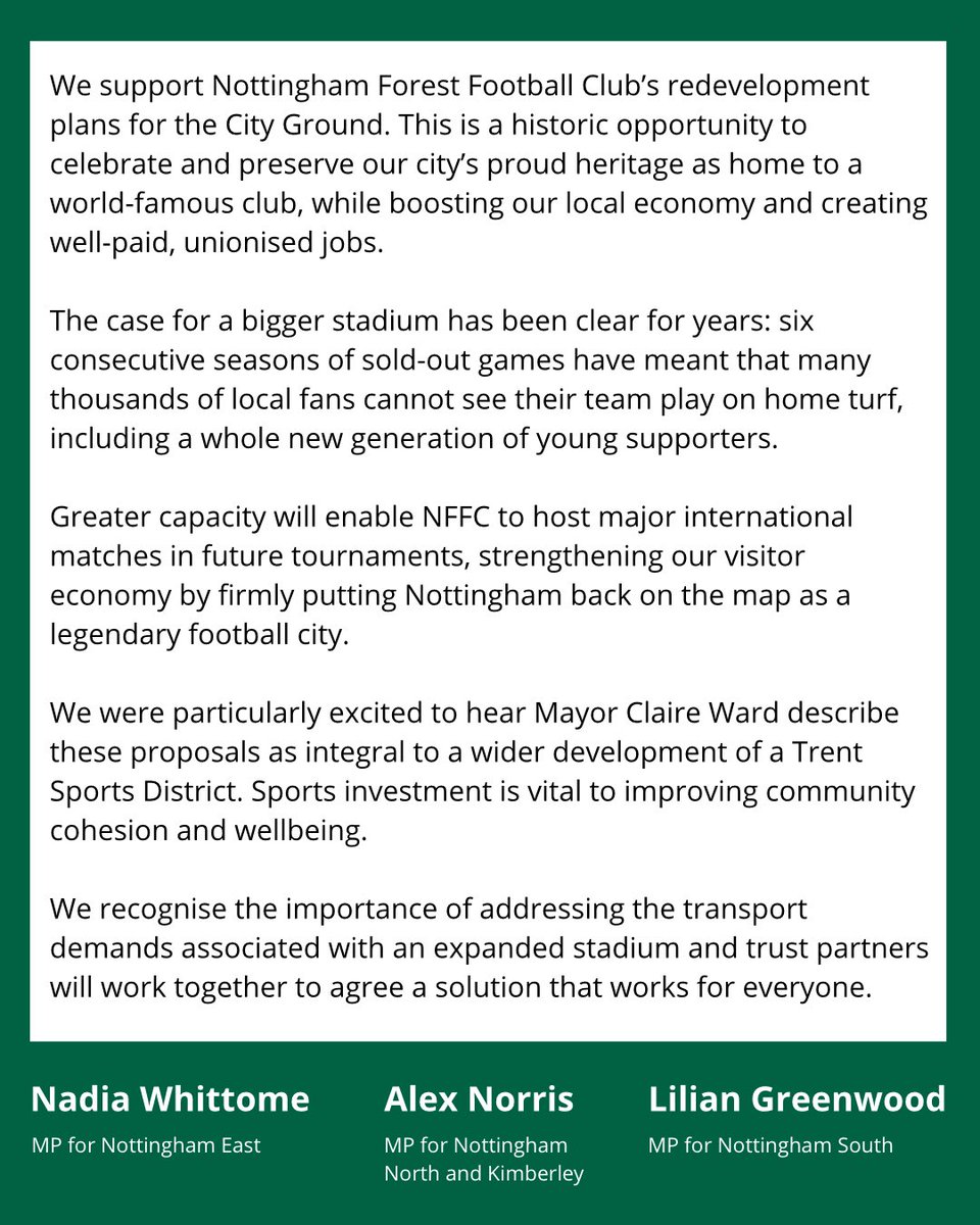 NadiaWhittomeMP's tweet photo. Joint statement from Nottingham MPs on the City Ground redevelopment plans ❤️🌳 https://t.co/O9jOUP265z