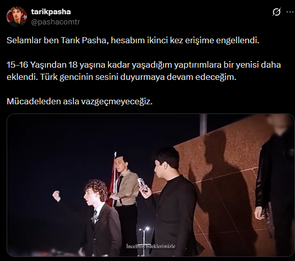 onlydramaX's tweet photo. Muhalif YouTuber Tarık Pasha'nın X hesabı 2. kez erişime engellendi. @pashacomtr kullanıcı adlı yeni hesabıyla devam edeceğini duyurdu.

“Hesabım ikinci kez erişime engellendi. 5-16 Yaşından 18 yaşına kadar yaşadığım yaptırımlara bir yenisi daha eklendi. Türk gencinin sesini duyurmaya devam edeceğim.  Mücadeleden asla vazgeçmeyeceğiz.”