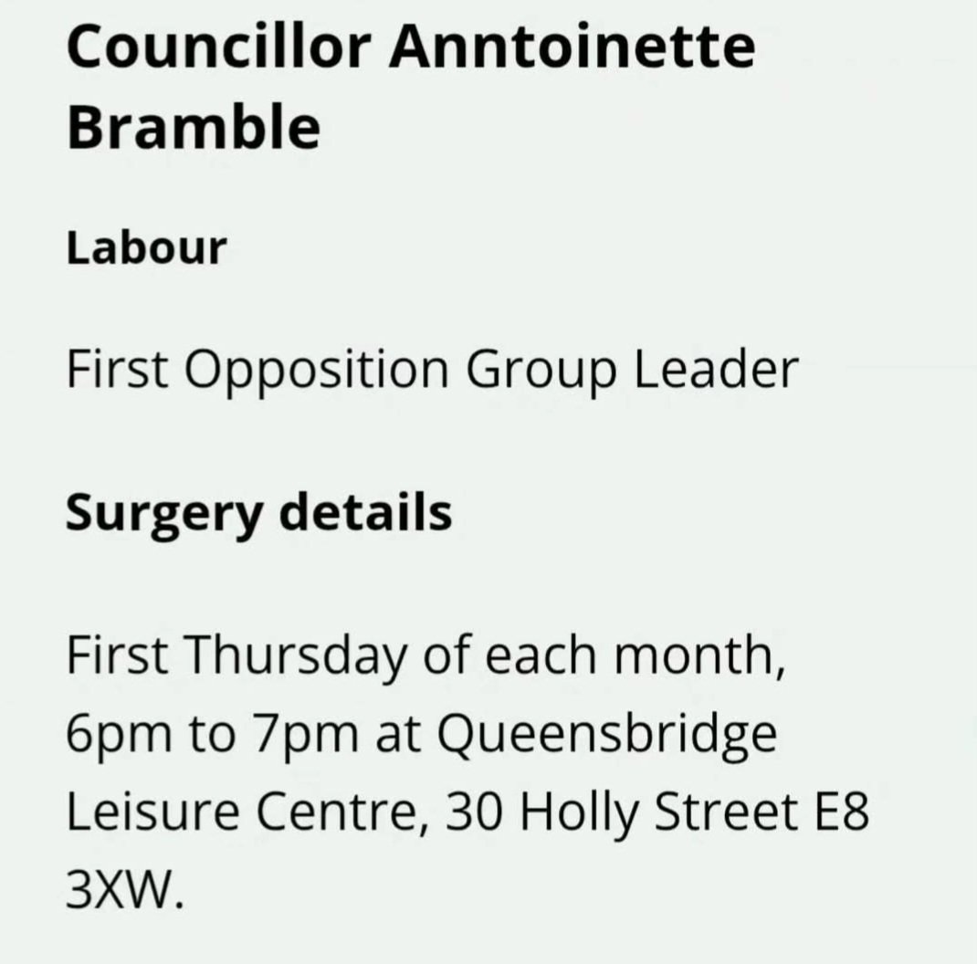 AnntoinetteBra1's tweet photo. Come to my London Fields Ward Surgery today,  if you have concerns or ideas about the area. Details below. https://t.co/oxpZlMWg19