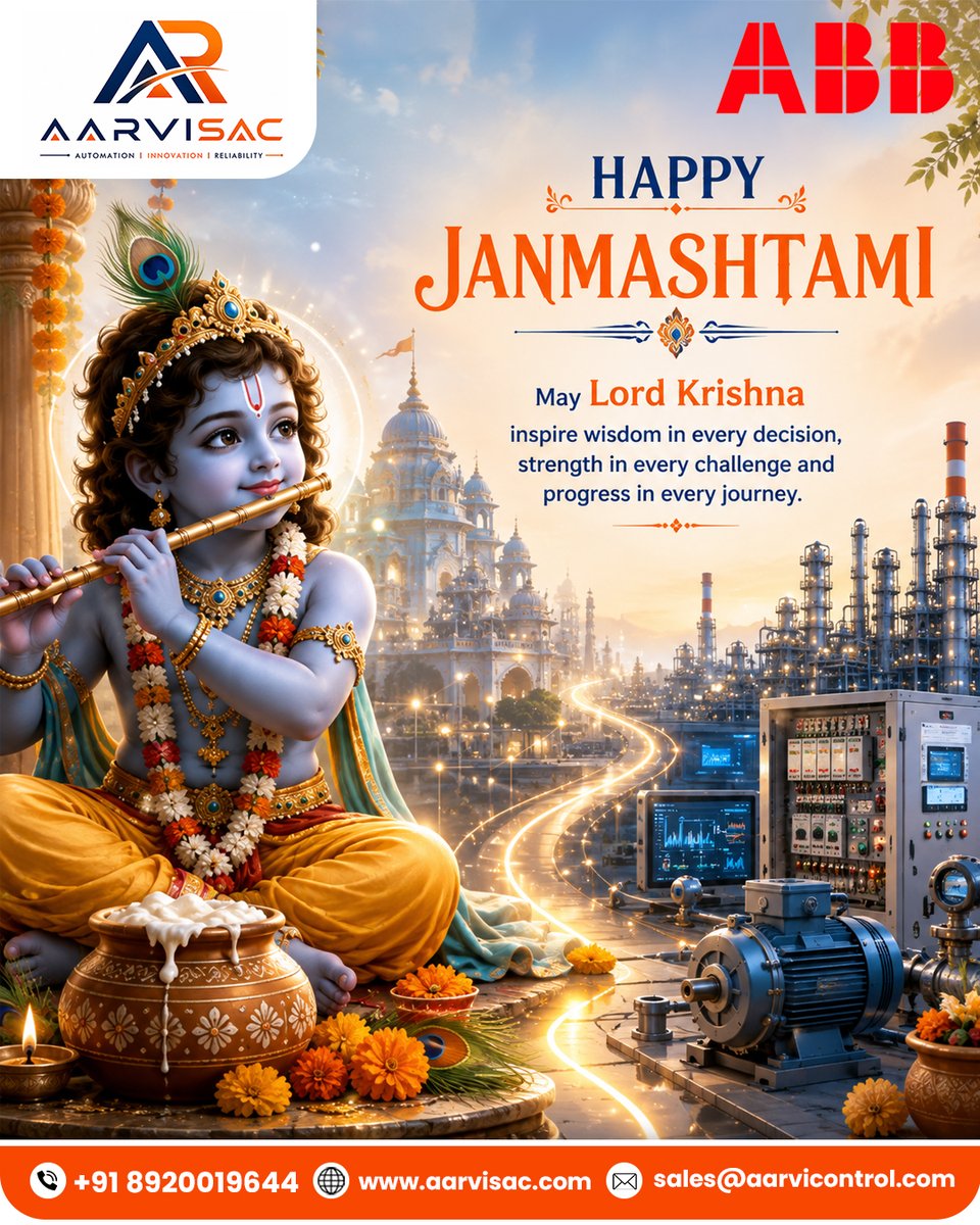 Aarvisac's tweet photo. When Lord Krishna says “Keep moving forward,” automation keeps the plant moving too! 😄⚙️🦚

May His wisdom turn every challenge into progress.

Happy Janmashtami from Aarvisac! 🙏

Which Krishna lesson inspires you?

#HappyJanmashtami #IndustrialAutomation #ABB #Aarvisac https://t.co/XKummXcUuM