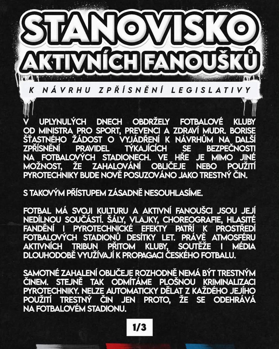 chachari_cz's tweet photo. ❗️STOP KRIMINALIZACI FANOUŠKŮ❗️

Dostal se nám do rukou dokument, ve kterém ministr pro sport, prevenci a zdraví Boris Šťastný vyzývá všechny prvoligové kluby k odpovědi na otázky ohledně zahalování obličeje a pyrotechniky. https://t.co/jqQhKHjYin