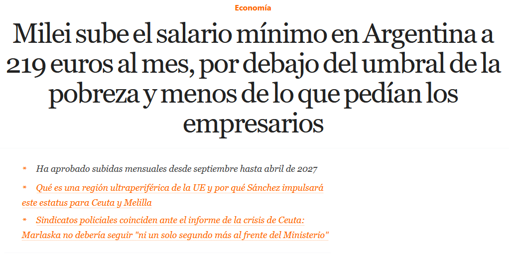 comuflauta's tweet photo. Milei ha establecido el salario mínimo en 219 euros al mes. Un salario incluso por debajo de lo que pedían los empresarios.

Los empresarios pedían 276 euros al mes y los sindicatos 560 euros al mes.

El salario mínimo está incluso por debajo del umbral de la pobreza que es de 288 euros.

Es decir, puedes estar trabajando  60 horas semanales en Argentina y recibir unicamente 220 euros mensuales en un país que tiene los precios de Suiza.