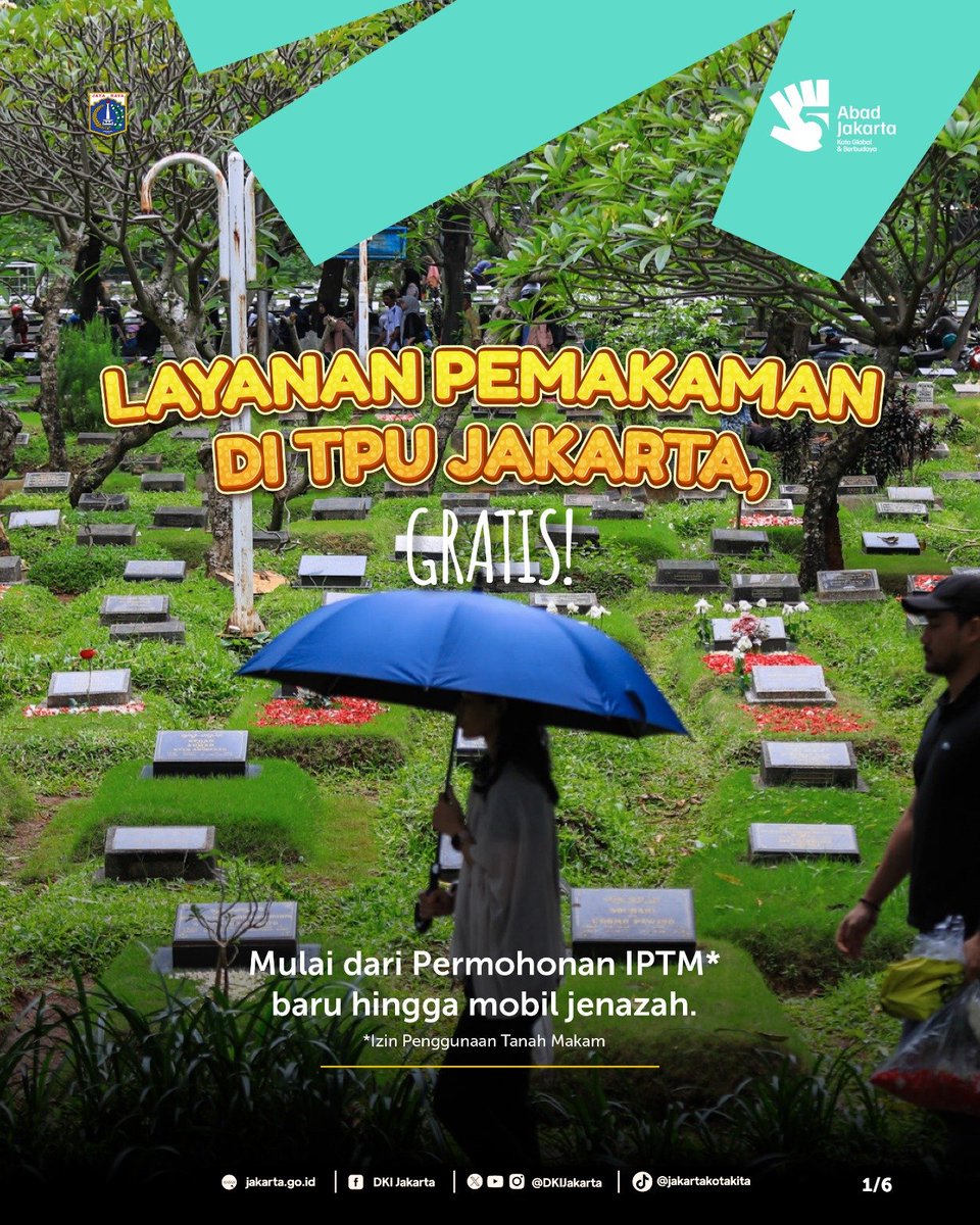 DKIJakarta's tweet photo. Layanan pemakaman di TPU Jakarta kini bisa diakses secara GRATIS, mulai dari perizinan IPTM, fasilitas tenda, hingga armada mobil jenazah. 

Sobat Jakarta, yuk simak informasi lengkapnya di infografis ini!

#DKIJakarta #JakartaKotaGlobal #JagaJakarta #TPUJakarta https://t.co/irAwrmPD3V