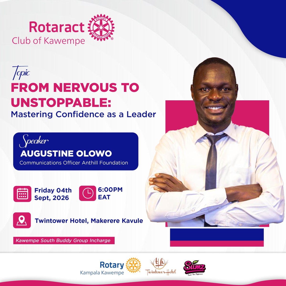 RctKawempe's tweet photo. Are you ready to unlock your full potential as a leader? Join us tomorrow as @AugustineOlowo (Communications Officer, @AnthillEDUC ) shares powerful insights on moving "From Nervous to Unstoppable: Mastering Confidence as a Leader."
#RotaractKawempe
#CreatingLastingImpact https://t.co/kUn1SVA19B