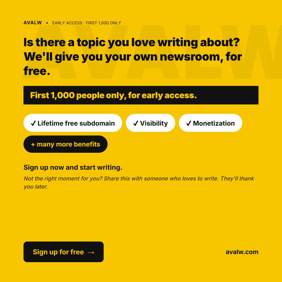 avalw_official's tweet photo. Love writing? Turn it into a career and get visible. Everything we can offer, free and from the heart. First 1,000 people only.