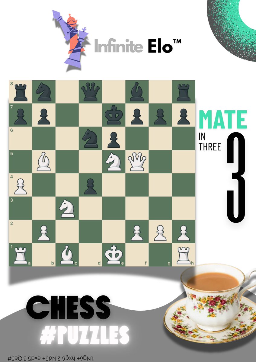 InfiniteElotm's tweet photo. Tea Time 🫖 😚
White to move, mate in 3. If you see it in under 10 seconds, you're officially dangerous. If not... back to the opening books 📚
#chess #puzzle #matein3 https://t.co/twNnEeEujy